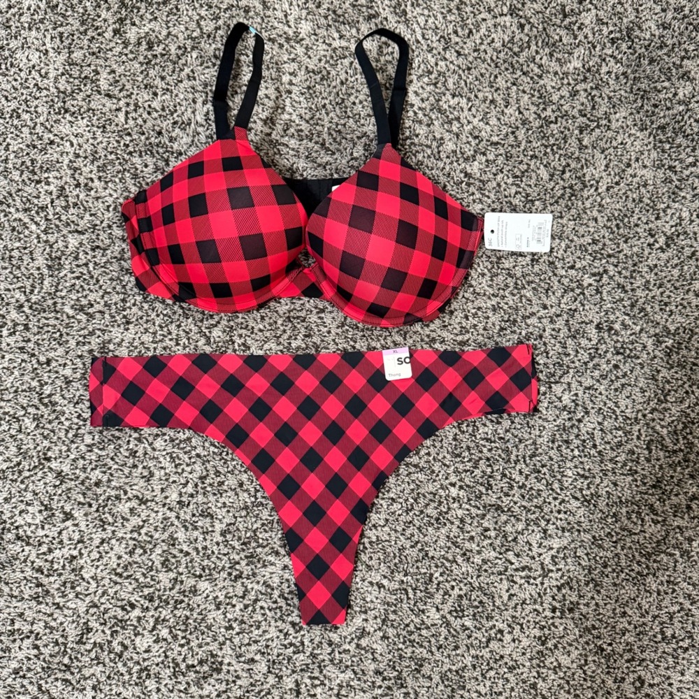 SO‎ 36C Push Up Bra Set XL Thong Red Black Buffalo Plaid NWT
